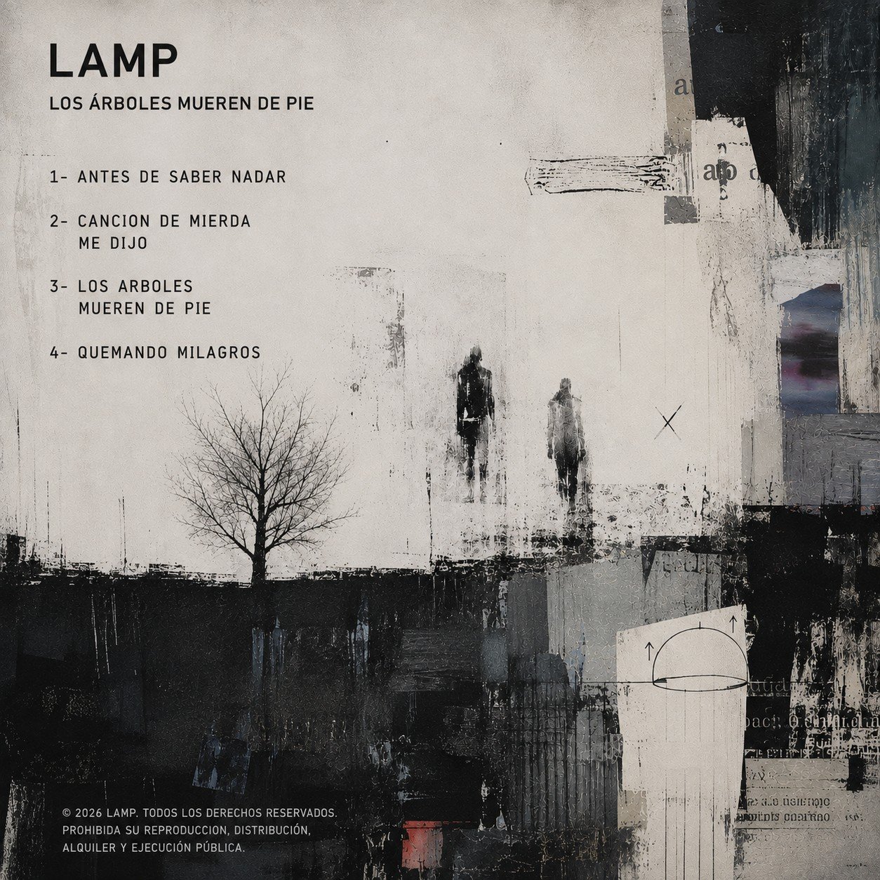 Contratapa del álbum LAMP — Los Árboles Mueren de Pie, con la lista de temas